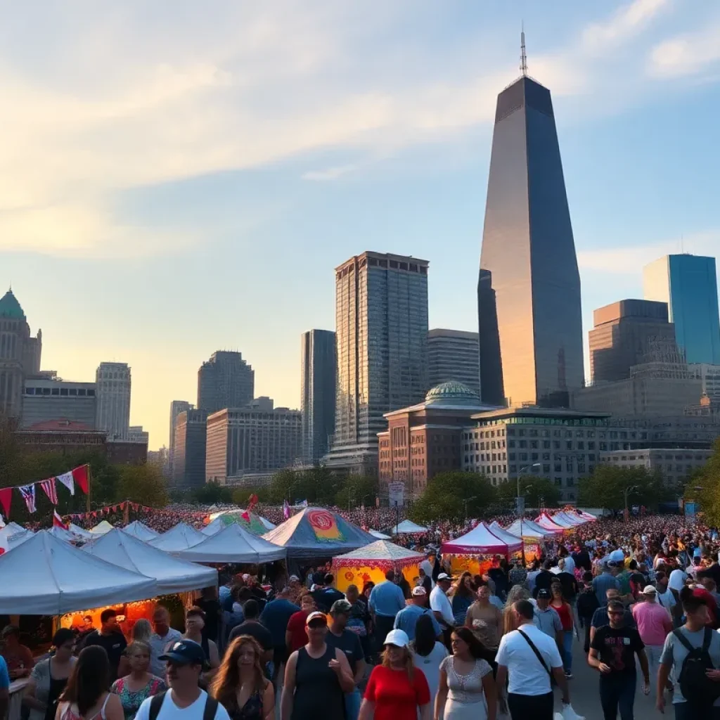 City of Detroit during Memorial Day weekend with crowds enjoying festivals and events.