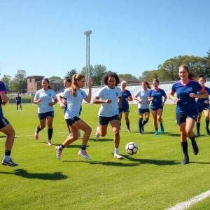 Women soccer players practicing on the field