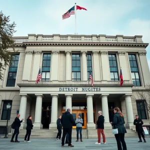 A view of the Detroit Municipal Building surrounded by people engaging in conversation.