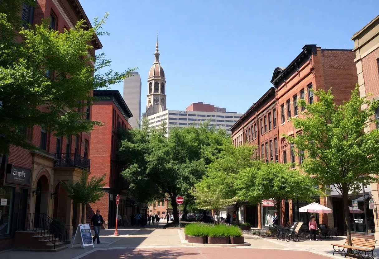 Scenic view of Detroit neighborhoods with historic architecture and community spaces.