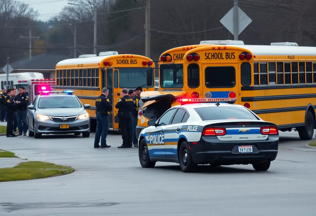Scene of a police chase collision involving a school bus in Detroit