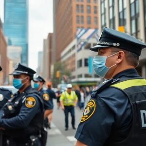 Police officers monitoring a busy street in downtown Detroit