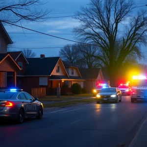 Police vehicles and a residential area in Detroit following a shooting incident.