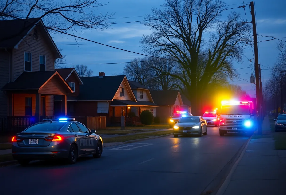 Police vehicles and a residential area in Detroit following a shooting incident.