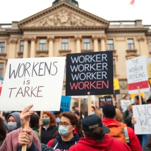 Protesters in Detroit holding signs for workers' rights during a rally on International Workers' Day.
