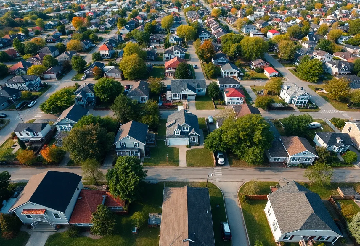Aerial view of homes in Detroit showing varying property values.