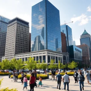 A busy street in downtown Detroit highlighting new urban developments and diverse populations.