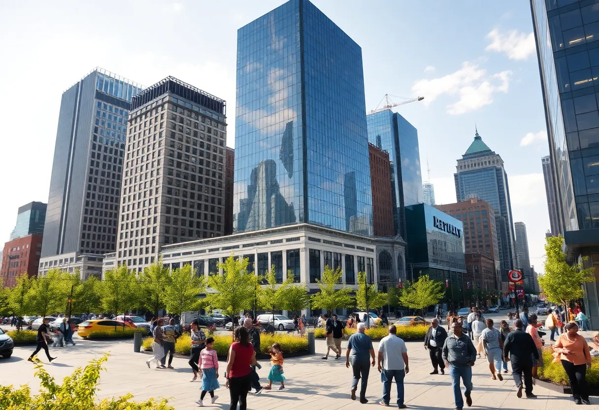 A busy street in downtown Detroit highlighting new urban developments and diverse populations.