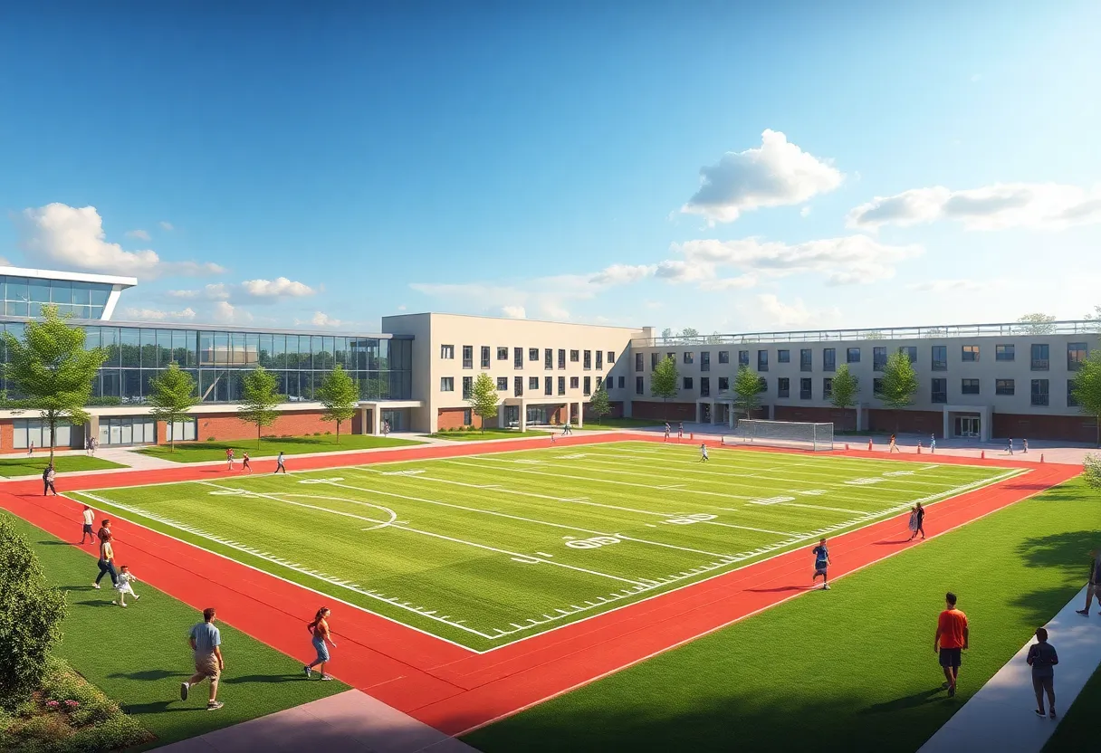 Rendering of a community-focused athletic campus in Detroit