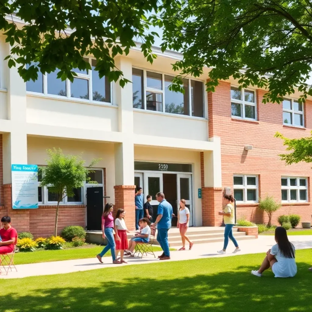 Exterior view of a Detroit school building with students