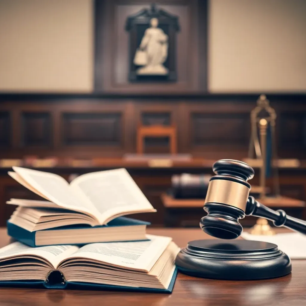 Courtroom scene with legal books and a gavel representing a shooting case
