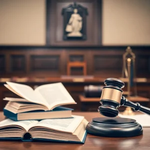 Courtroom scene with legal books and a gavel representing a shooting case