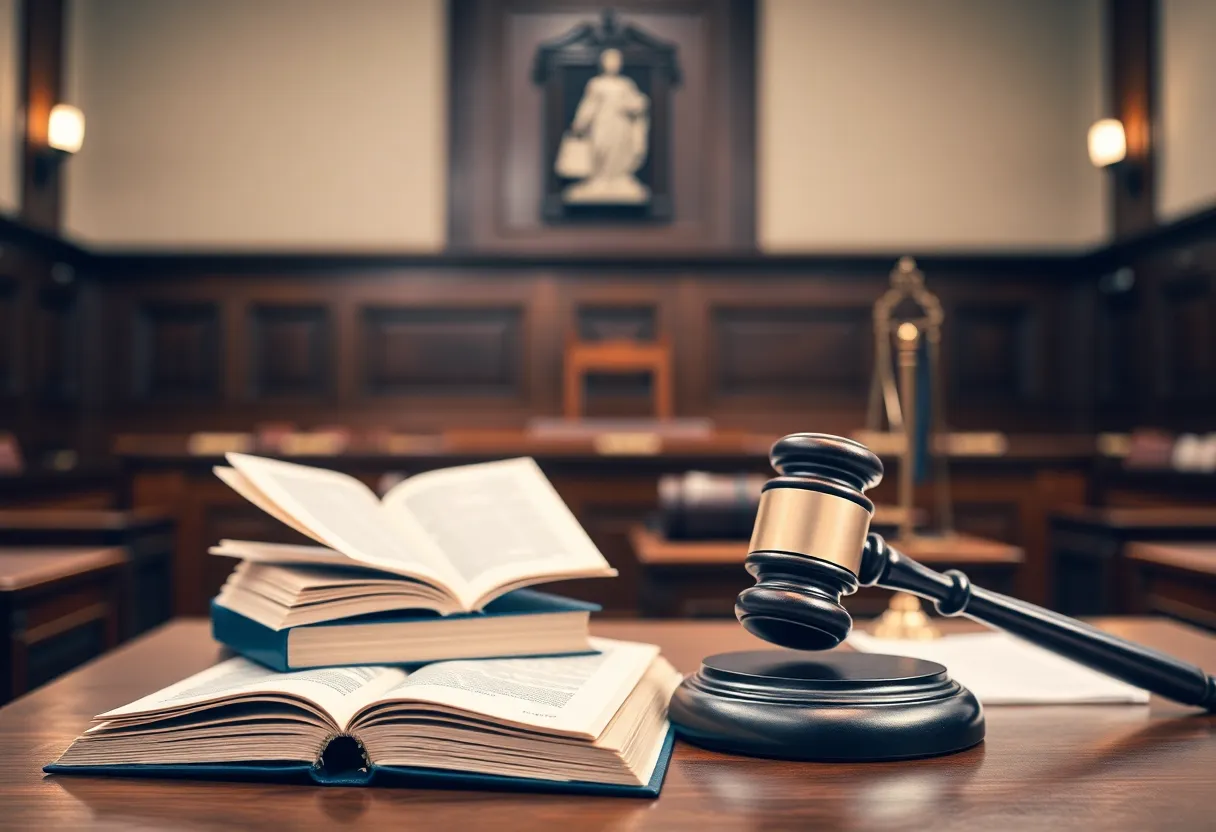 Courtroom scene with legal books and a gavel representing a shooting case