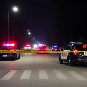 Police cars and crime scene tape in a Detroit neighborhood