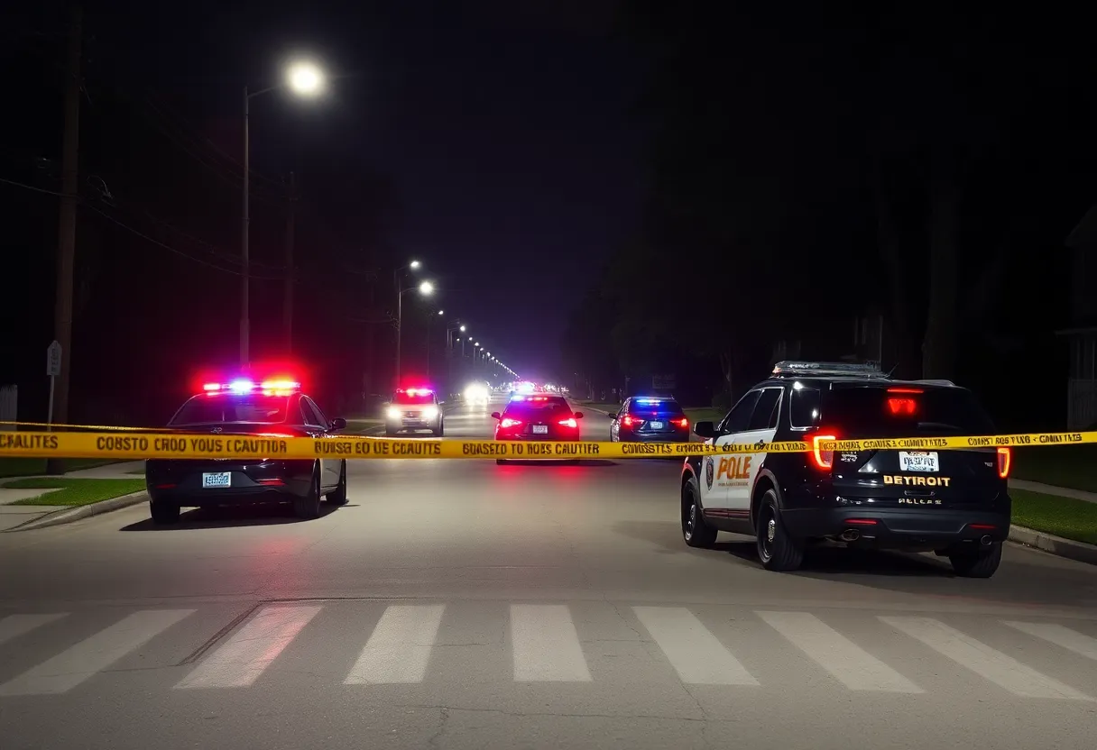 Police cars and crime scene tape in a Detroit neighborhood