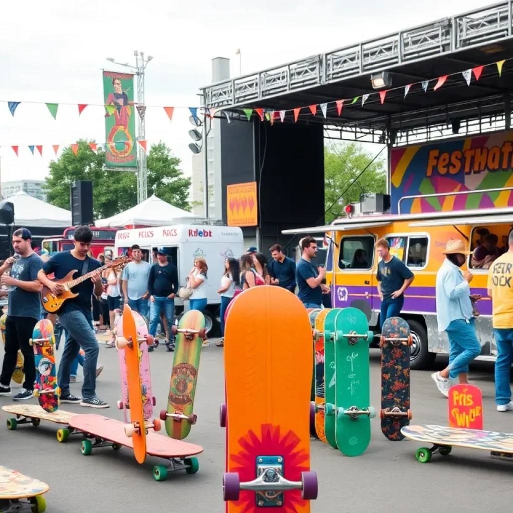 A lively skateboarding festival with performers and food trucks in Detroit.