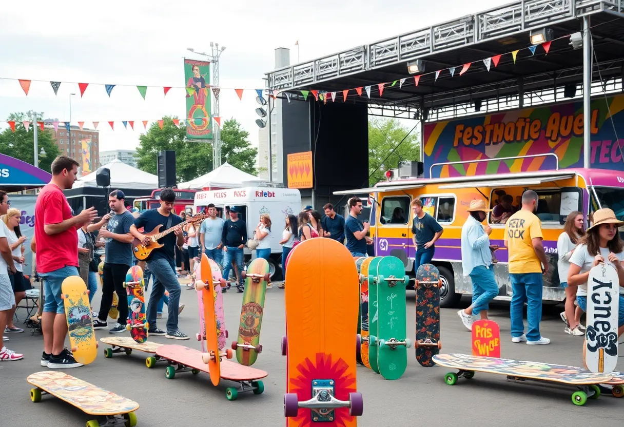 A lively skateboarding festival with performers and food trucks in Detroit.