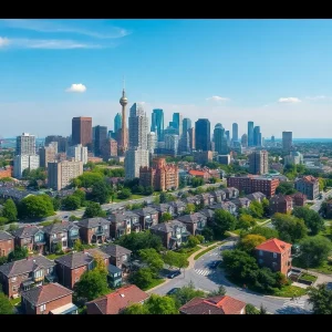 View of Detroit skyline with new housing developments