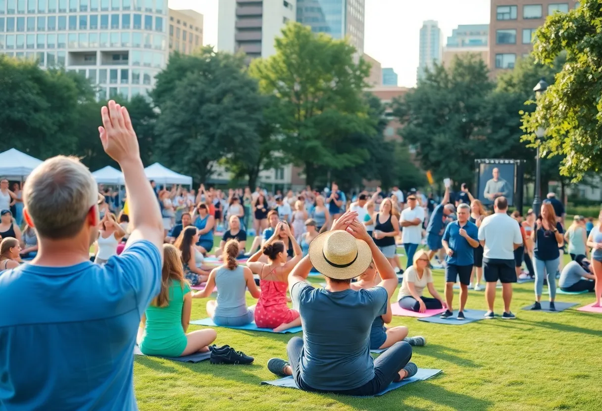 People participating in summer events at a downtown park in Detroit.