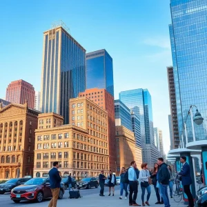 A modern skyline of Detroit with elements of technology and automotive industry.