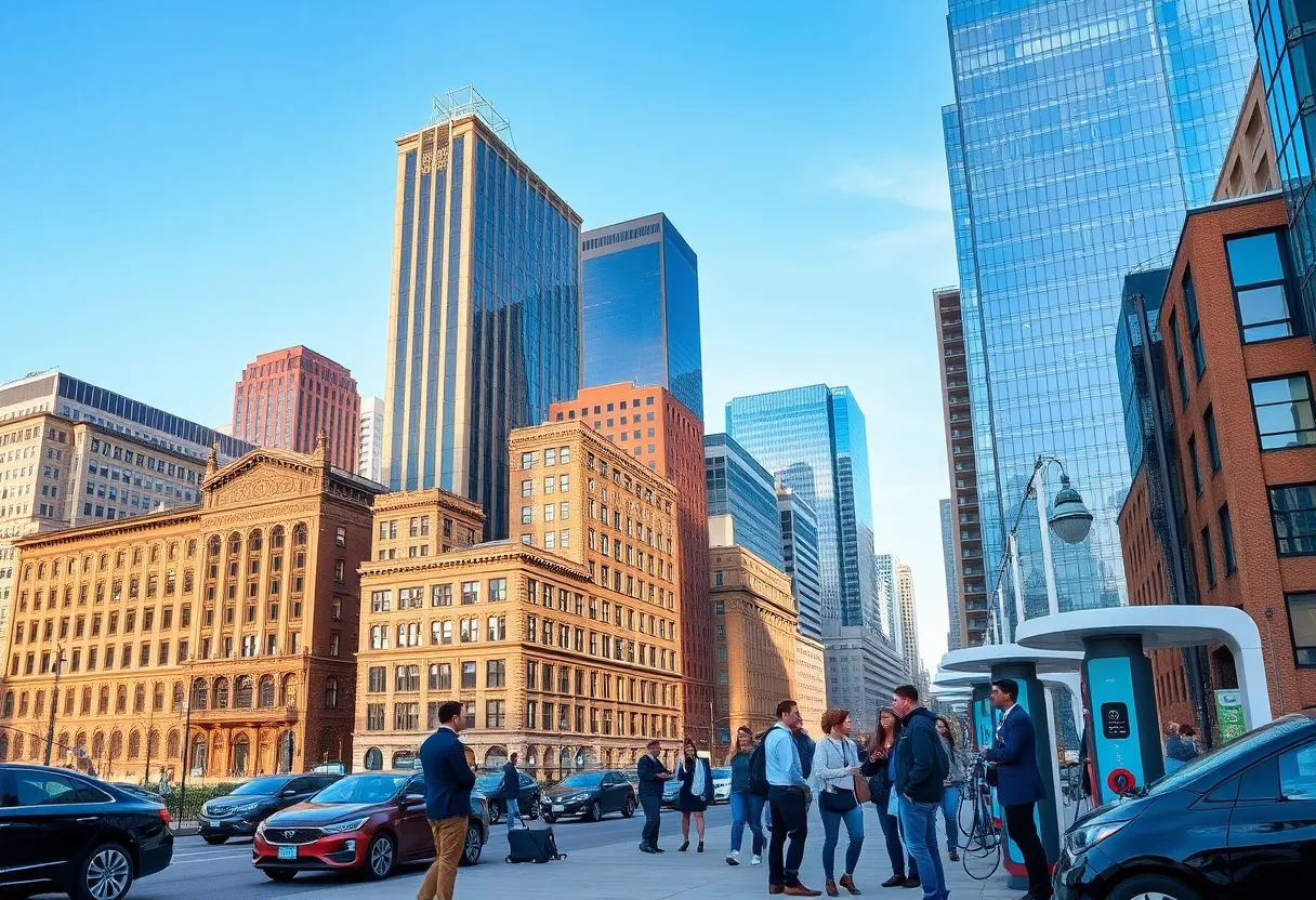 A modern skyline of Detroit with elements of technology and automotive industry.