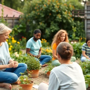 Group of individuals practicing wellness activities in a community garden.