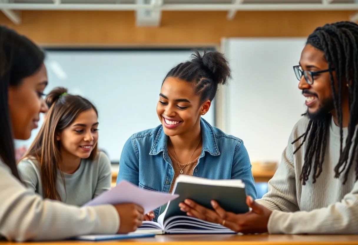 Group of diverse students collaborating in a classroom