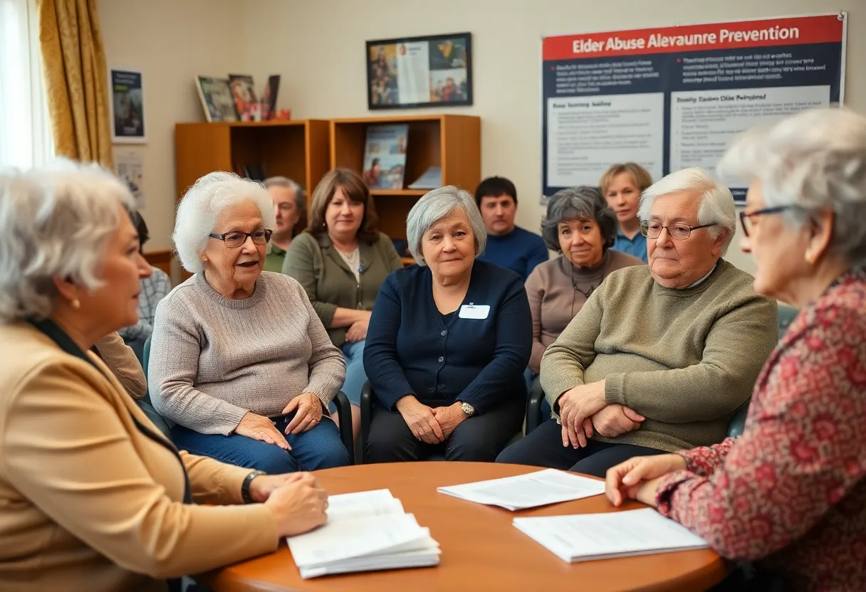 Seniors participating in a community meeting about elder abuse prevention