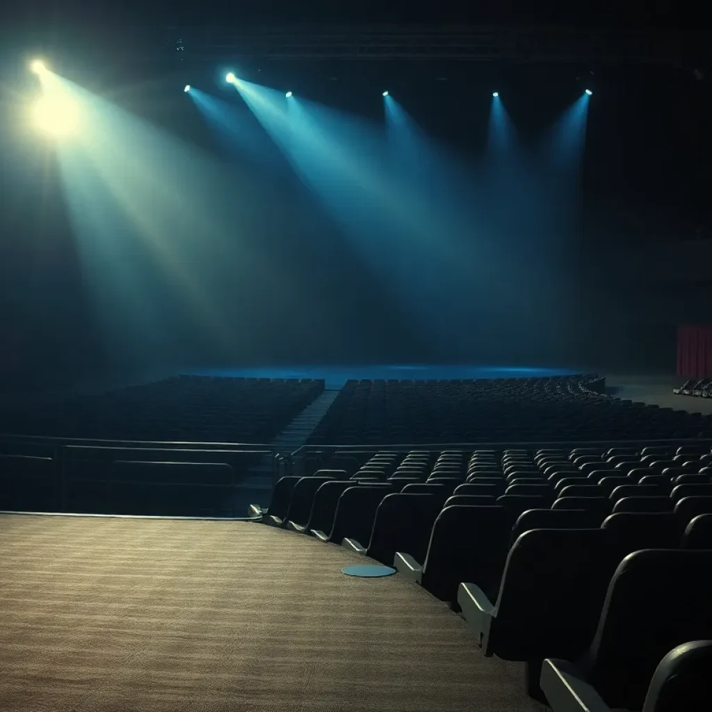 An empty concert stage with dim lights after a cancellation.