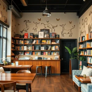 Interior of Expresso Books and Beans showcasing coffee bar and bookshelves