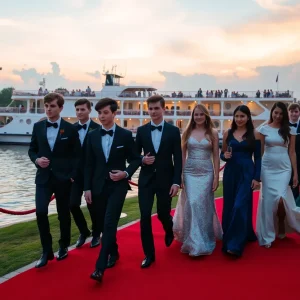 Students celebrating prom with elegant attire on a riverboat
