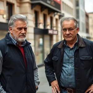 Two men sharing an awkward moment in a comedic setting