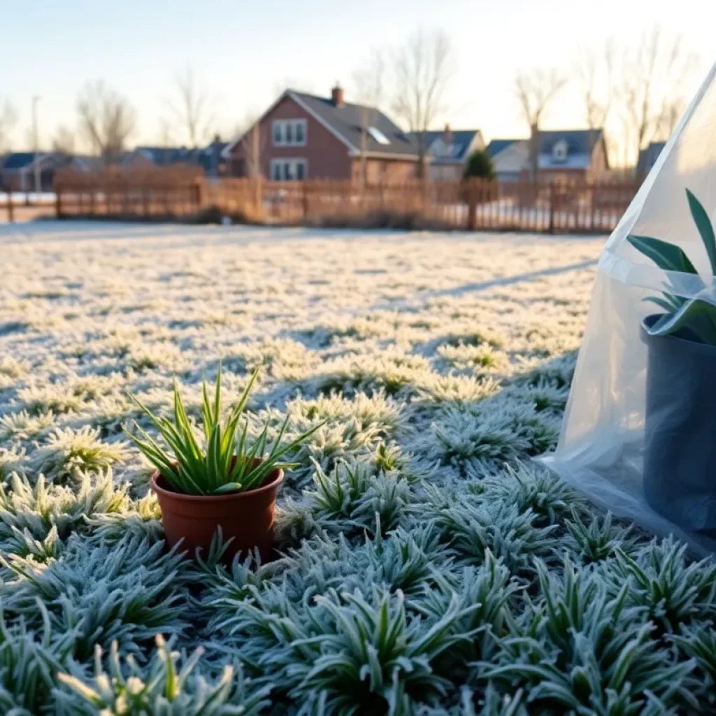 Frost-covered landscape in Southeast Michigan with protected plants