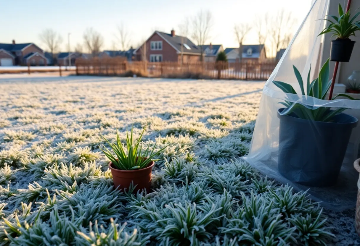 Frost-covered landscape in Southeast Michigan with protected plants