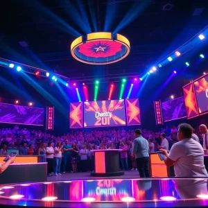 Energetic game show set emphasizing charity and community spirit