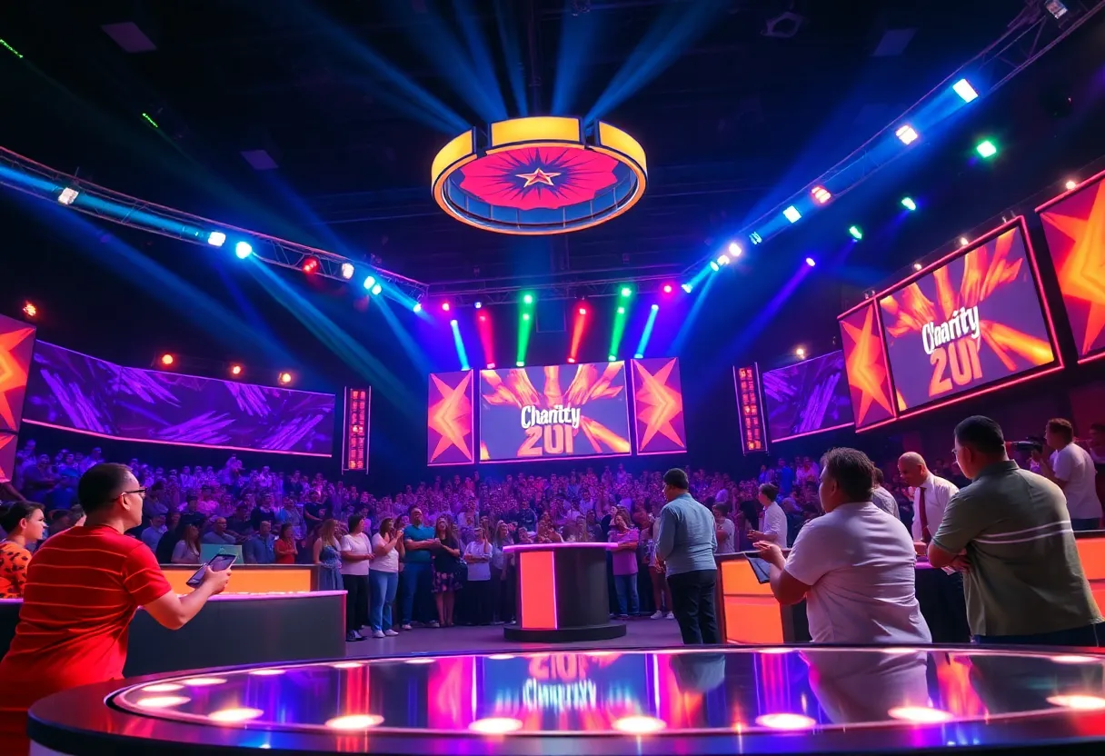 Energetic game show set emphasizing charity and community spirit