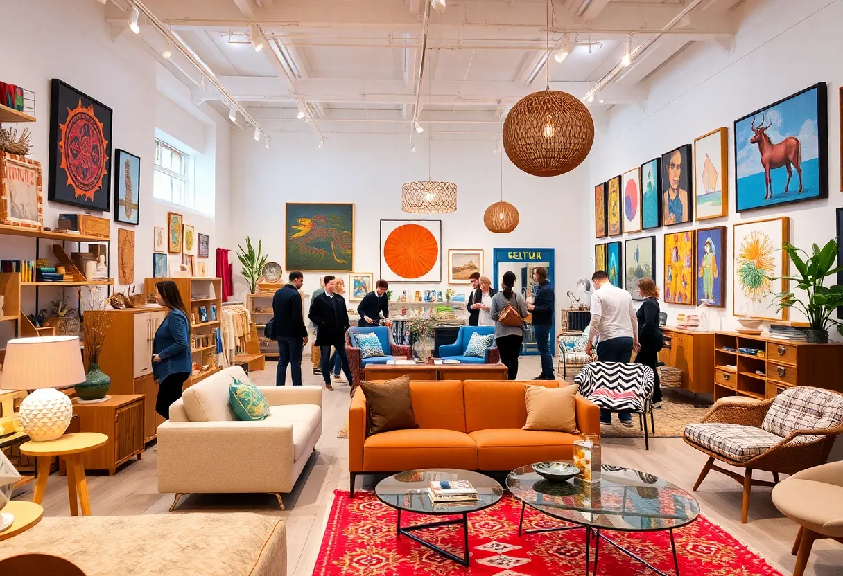 Interior of GW Home store in Detroit featuring stylish furniture and local art.