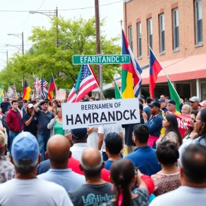 Crowd celebrating the renaming of Holbrook Avenue to Palestine Avenue in Hamtramck
