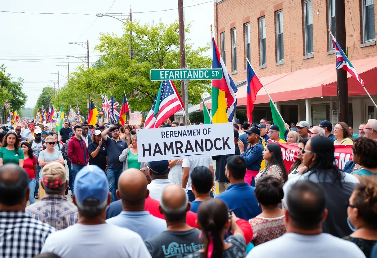 Crowd celebrating the renaming of Holbrook Avenue to Palestine Avenue in Hamtramck