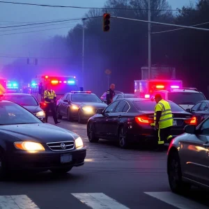Emergency responders at a car accident scene involving a high-speed chase