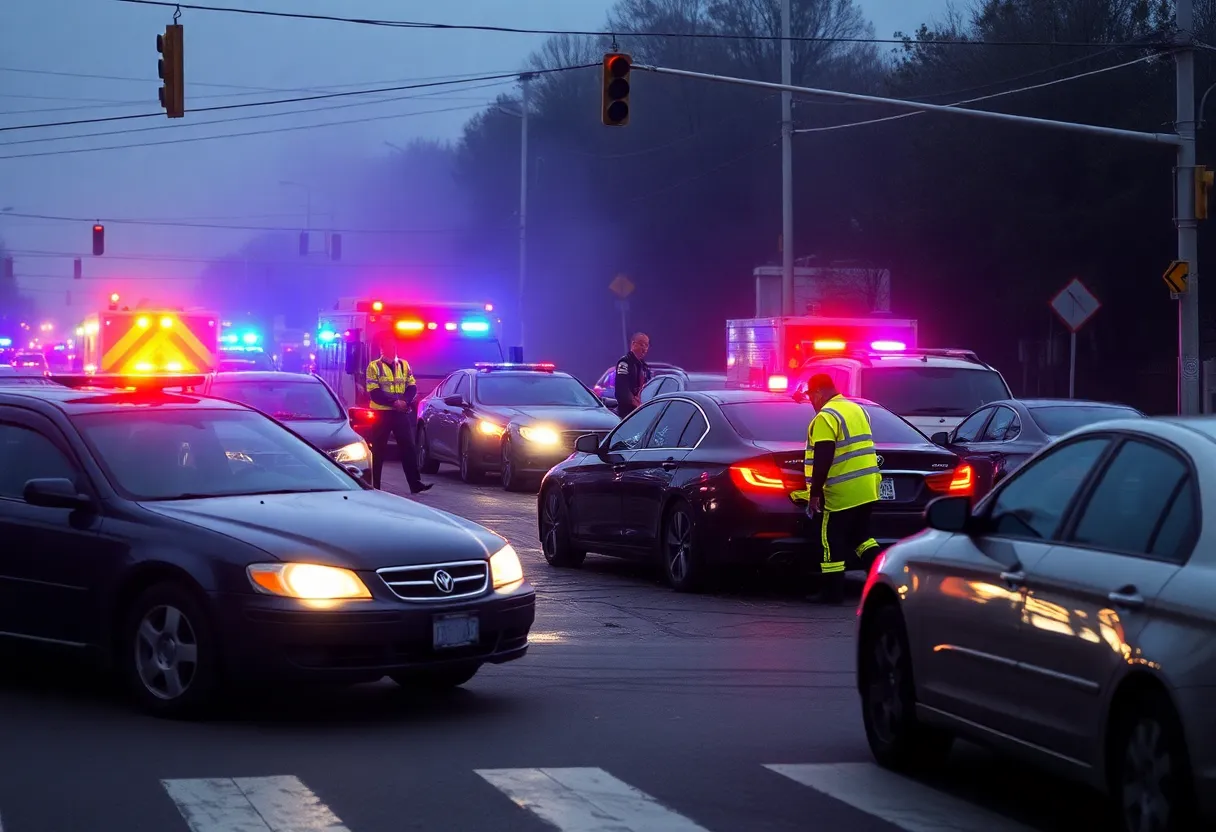 Emergency responders at a car accident scene involving a high-speed chase