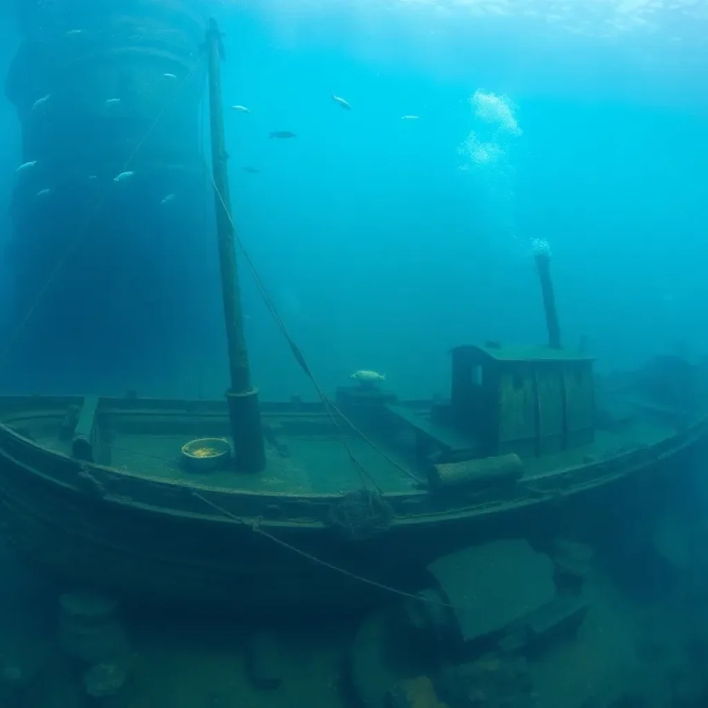 Underwater view of the J.C. Ames tugboat wreck in Lake Michigan.