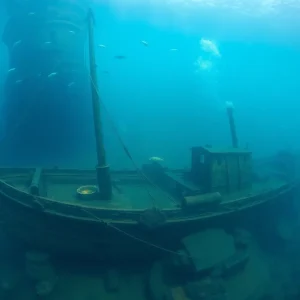 Underwater view of the J.C. Ames tugboat wreck in Lake Michigan.