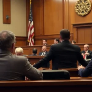 Courtroom scene depicting justice being served in a serious case