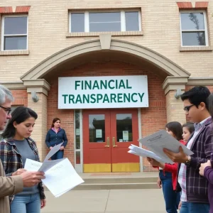 A building representing King High School with parents discussing financial transparency issues.