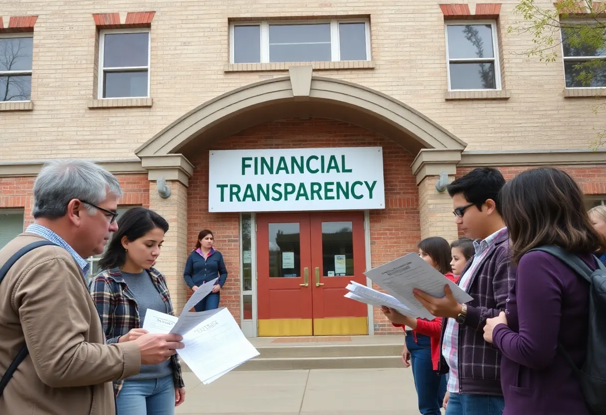 A building representing King High School with parents discussing financial transparency issues.