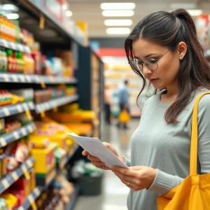 A shopper in a grocery store comparing prices to a receipt