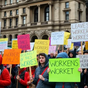 Demonstrators at Labor Rights protest in Detroit holding signs