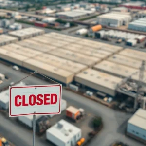 Image of a closed manufacturing facility with a sign indicating closure.