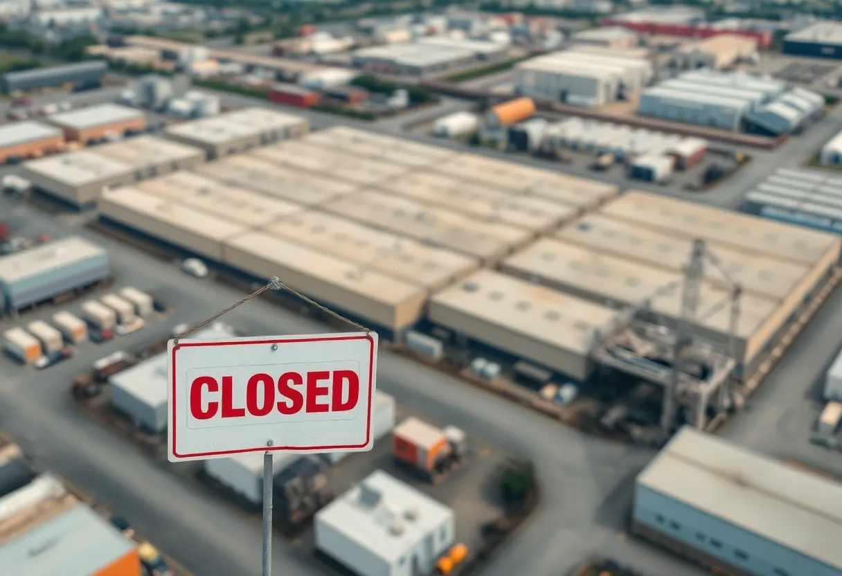 Image of a closed manufacturing facility with a sign indicating closure.